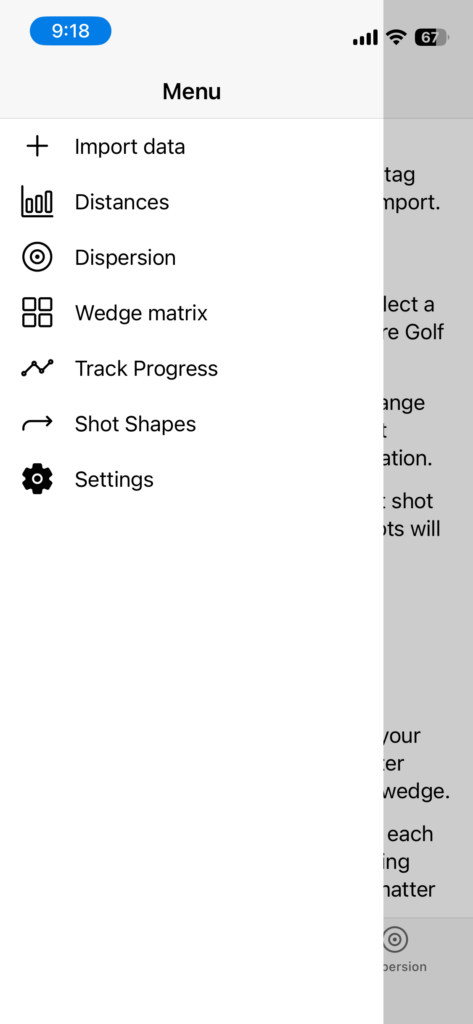 Square golf data のメニュー画面。Import data から Settings まで7項目が並んでいる