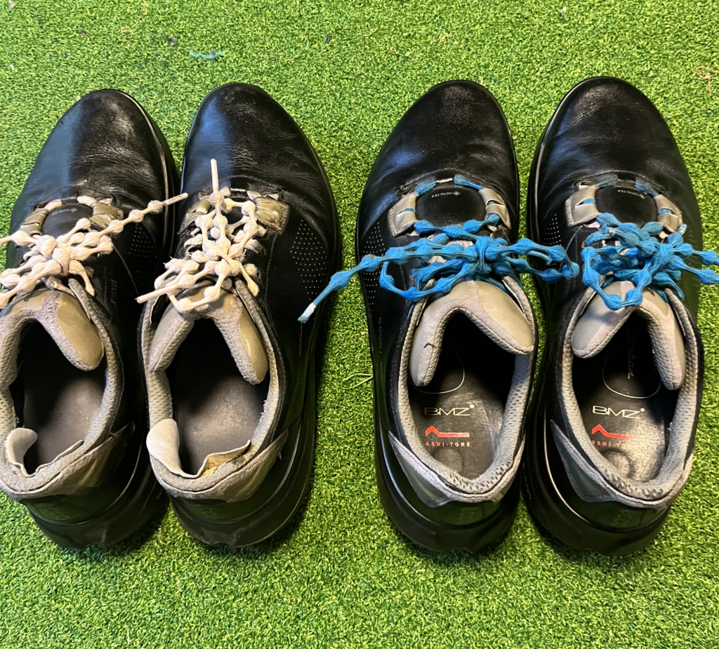 ECCO BIOM G5 を2足並べた俯瞰。片方にシダスのオーダーメイドインソール、もう片方にBMZが入っている