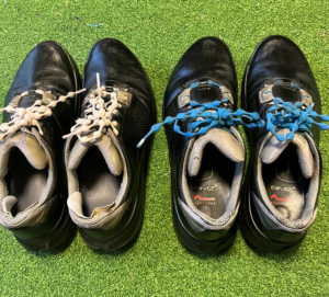 ECCO BIOM G5 を2足並べた俯瞰。片方にシダスのオーダーメイドインソール、もう片方にBMZが入っている