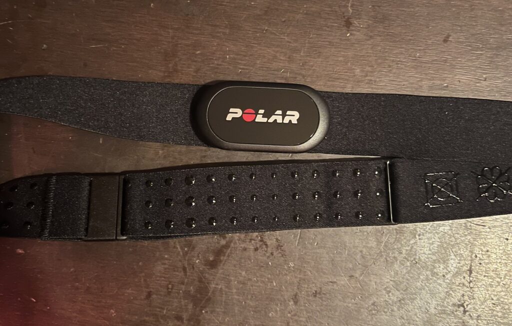 Polar H10 の胸ベルト。中央に黒いセンサー本体があり、ベルトの内側に電極の粒が並んでいる
